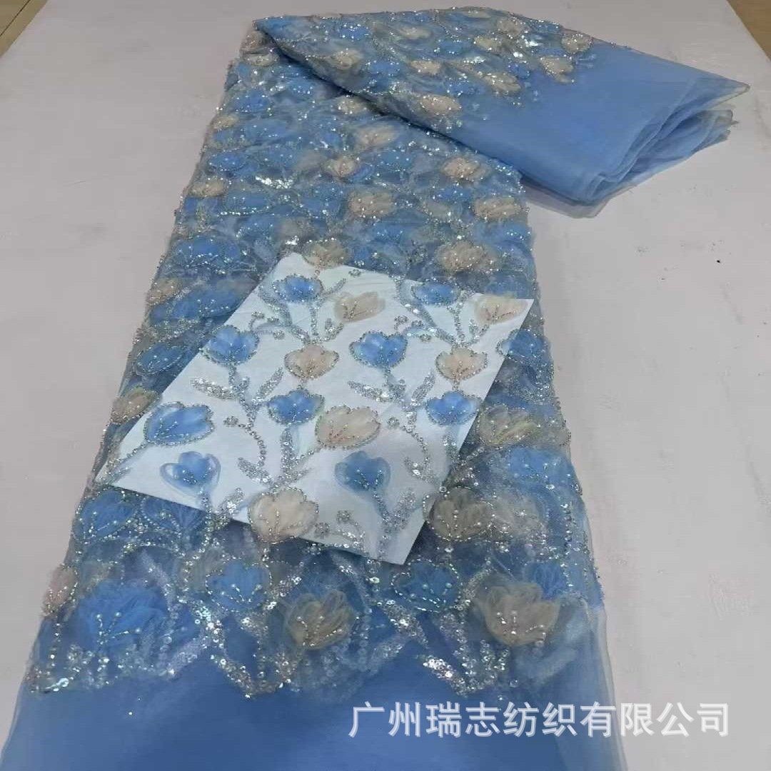 New two-color three-dimensional plate flower mesh beaded tube lace fabric ethnic headscarf women's dress bridesmaid costume cloth