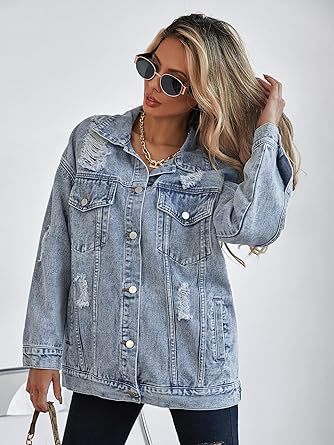 Picture of Cross-border Amazon TEMU Women's New Oversized Denim Jacket Boyfriend Ripped Dressed Denim Jacket Coat Women