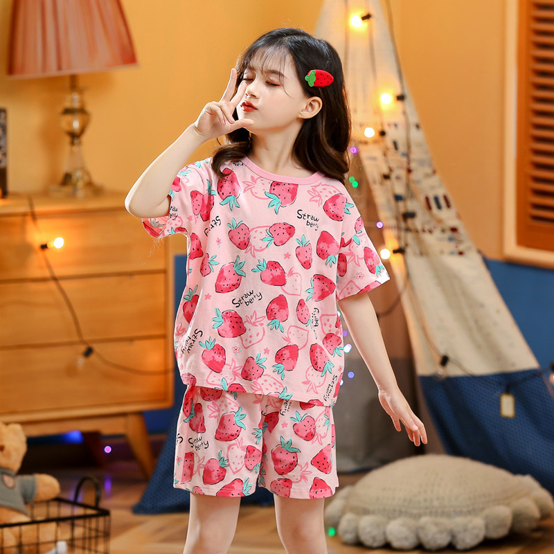 Picture of 2024 New Kidsren's Summer Short-Sleeved Suit Home Clothes Pajamas Pure Cotton Thin Air-Conditioned Clothes Princess Girls Baby