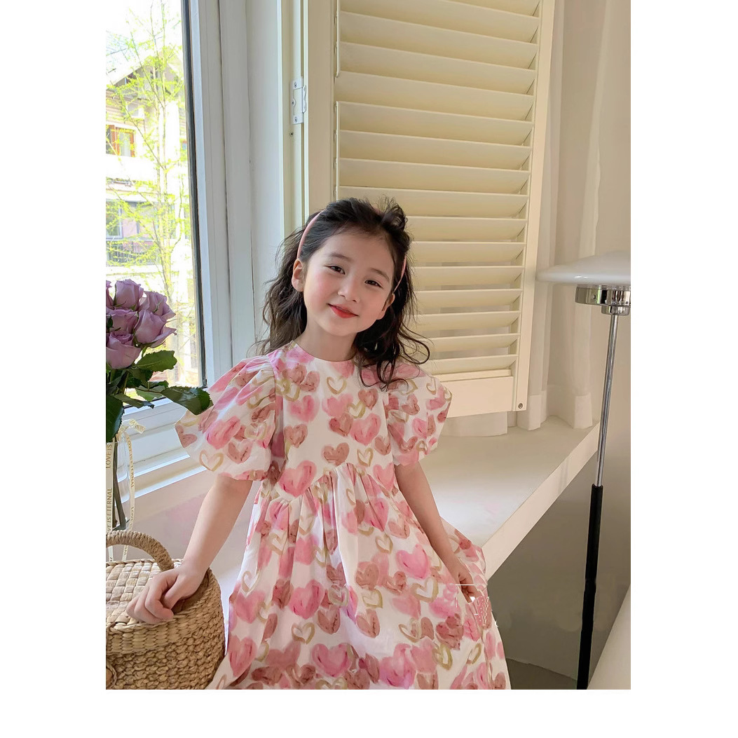 Picture of Girls dress summer new sweet love full print bubble sleeve princess skirt children a generation of hair