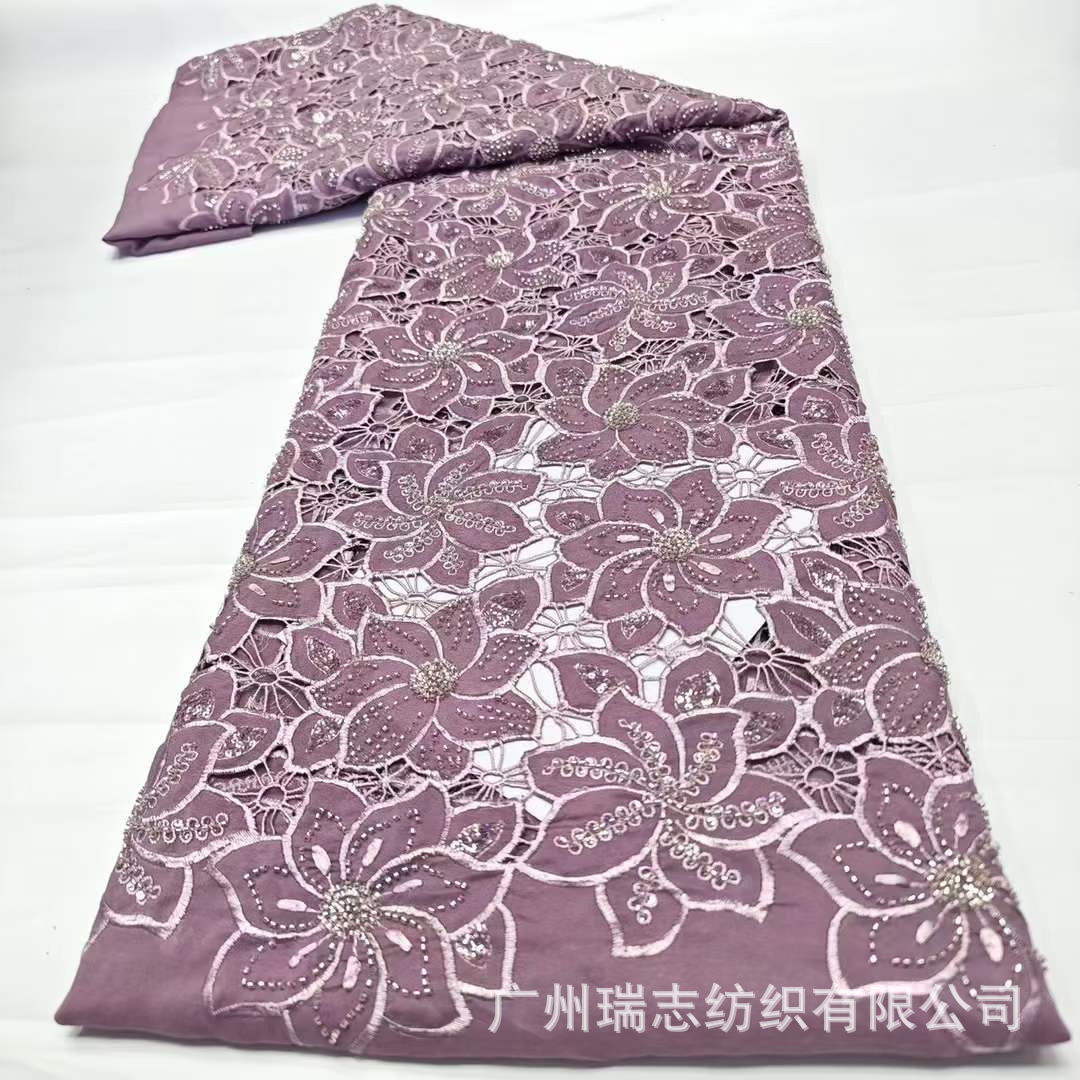 in stock Large Flower Hollow Fish Silk Line Water Soluble Beaded Embroidered Cloth African Sequins Embroidered Wedding Dress Lace Fabric
