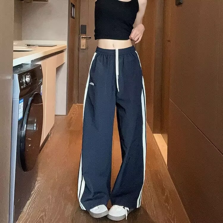 American vintage side-striped casual pants for women, summer straight-leg sweatpants, loose slimming wide-leg sporty quick-dry pants