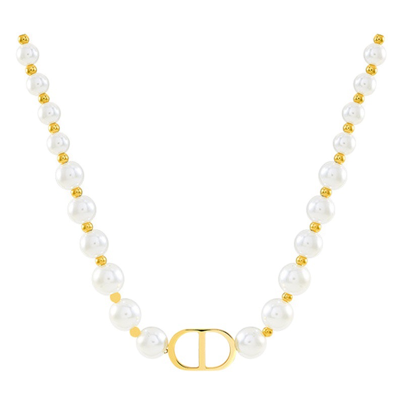 French Retro CD Pearl Necklace Women's Spring and Summer Fashion Clavicle Chain Internet Popular Herky Style Advanced Decorative Neck Chain