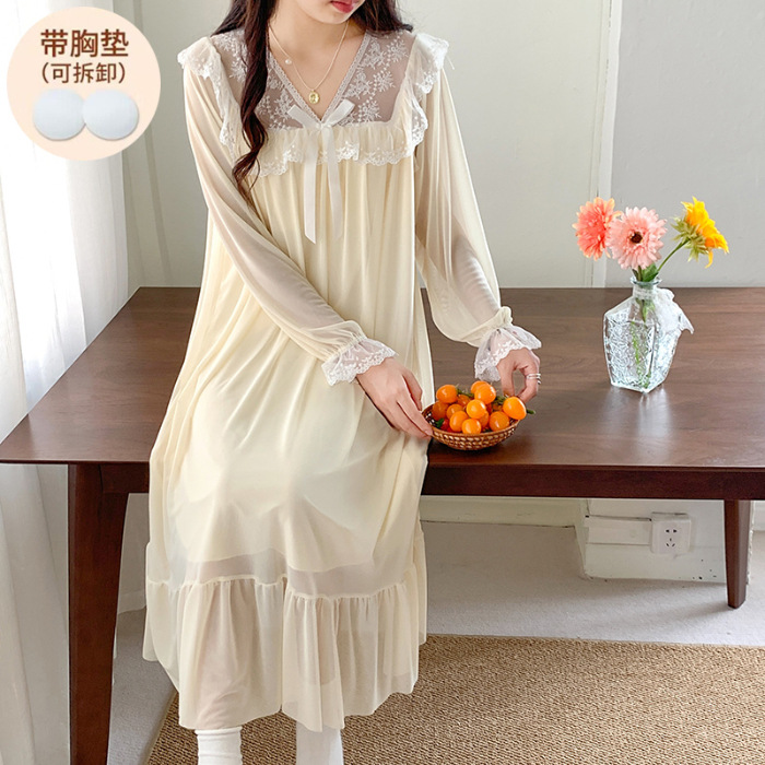 Picture of Spring and Autumn Nightgown Women's French Style Lace Long-Sleeved Vintage Palace Style Loose plus size Pajamas Mid-Length Home Clothes