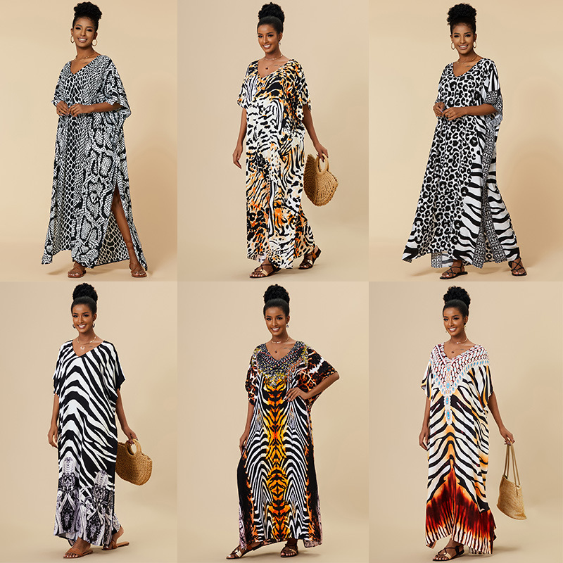2023 New European and American Loose Long Beach Cover-Up Rayon Positioning Printed Vacation Robe Dress Women Cross-Border