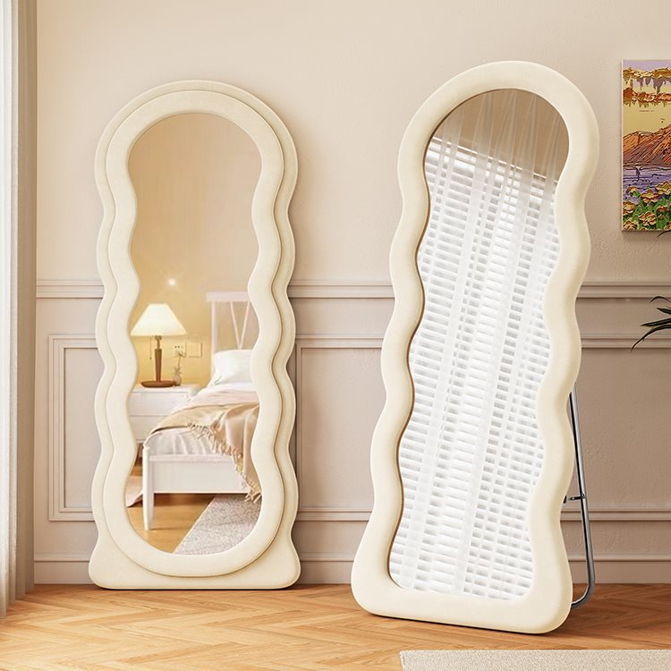 Trendy Dressing Mirror for Home Bedroom, Girls' Light Luxury Floor-Standing Fitting Mirror, Large Wave Ins-Style Irregular Full-Length Mirror