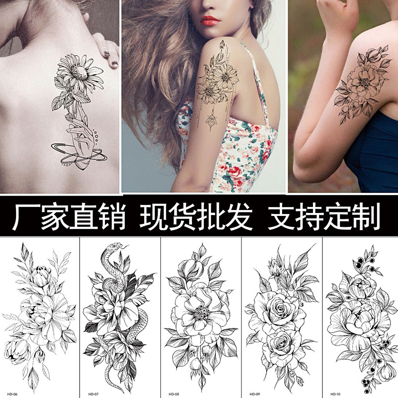 Carefully Selected Wholesale Cross-Border New Black and White Sketch Flower Tattoo Stickers Half Arm Chest Stickers Goddess Scar Covering Tattoo Tattoo