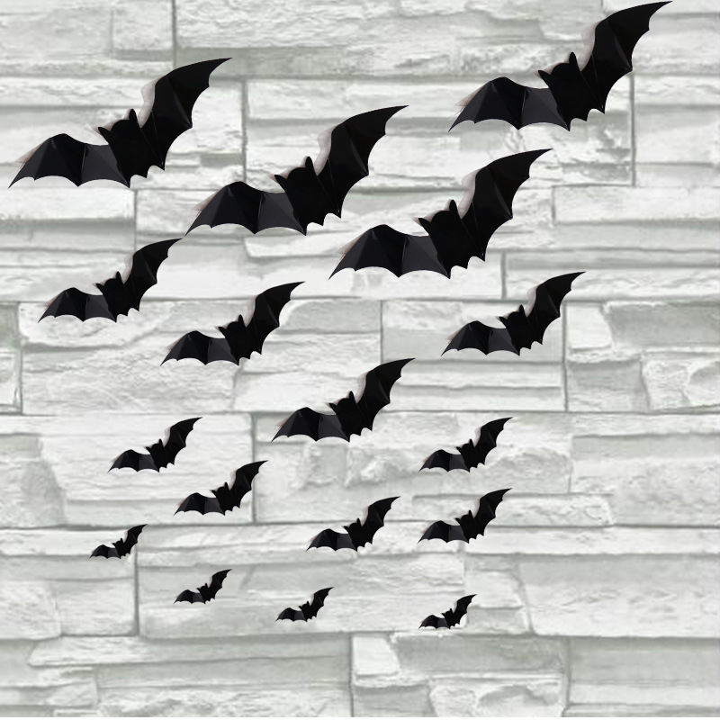 Factory Direct Sales Halloween Decorative Stickers Export Pvc Wall Stickers 3D 16-Pack Black Stereo Bat Wall Stickers