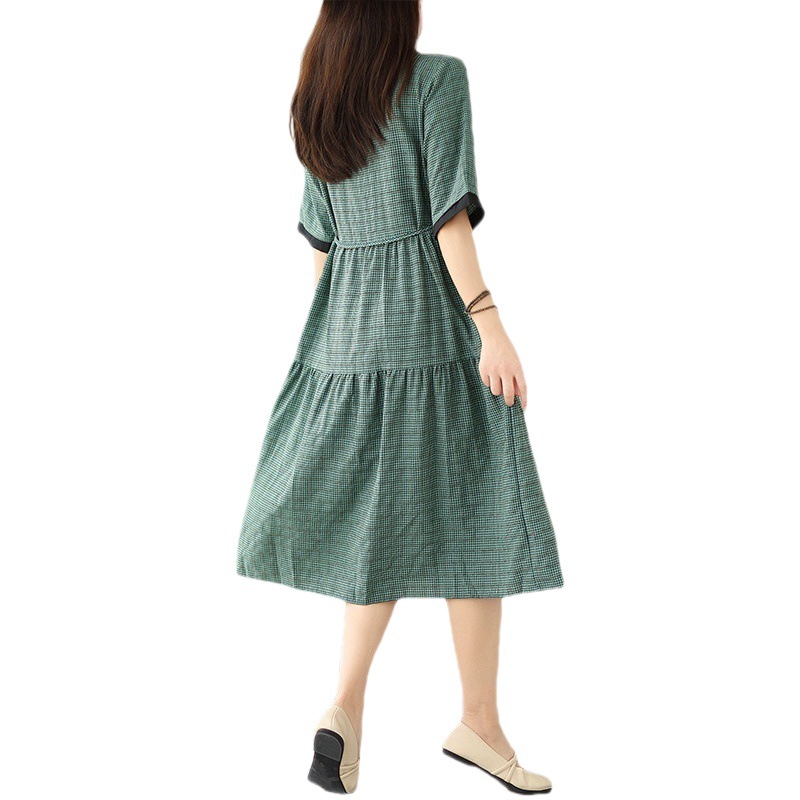 Plus Size Women's Clothing 2024 Summer New Style Accessible Luxury Plaid Mid-Length Waist Slimming Look Doll Collar Plaid Dress