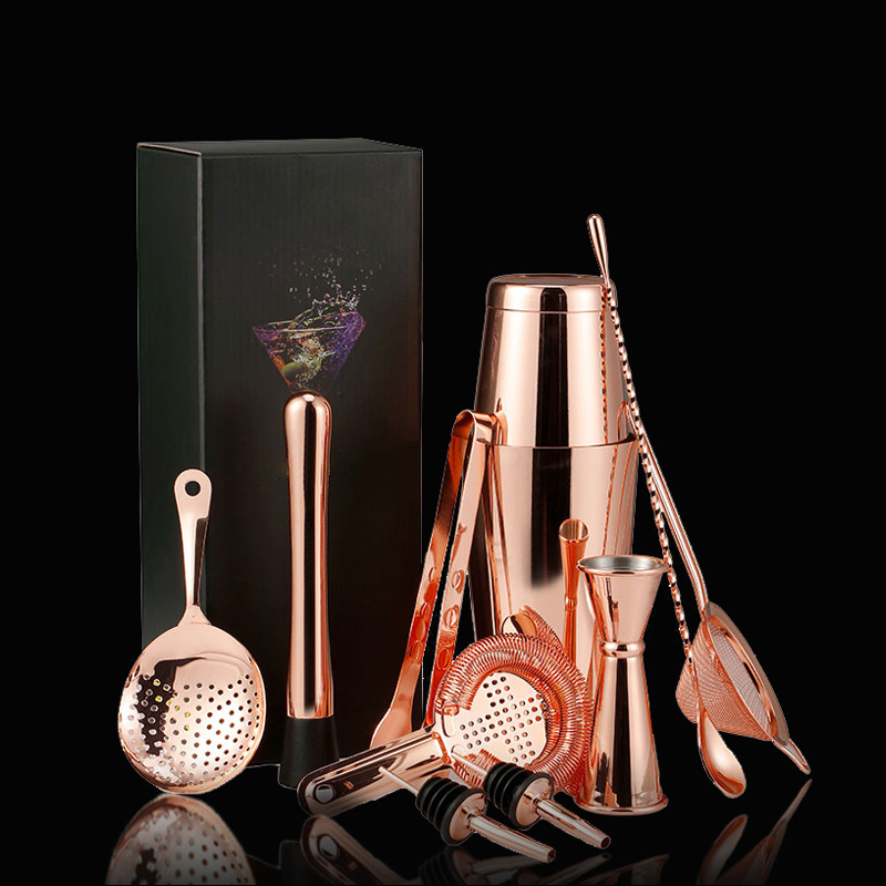 304L Stainless Steel Boston Cocktail Shaker Practical Cocktail Set 12-Piece Rose Shaker Set Simple Style