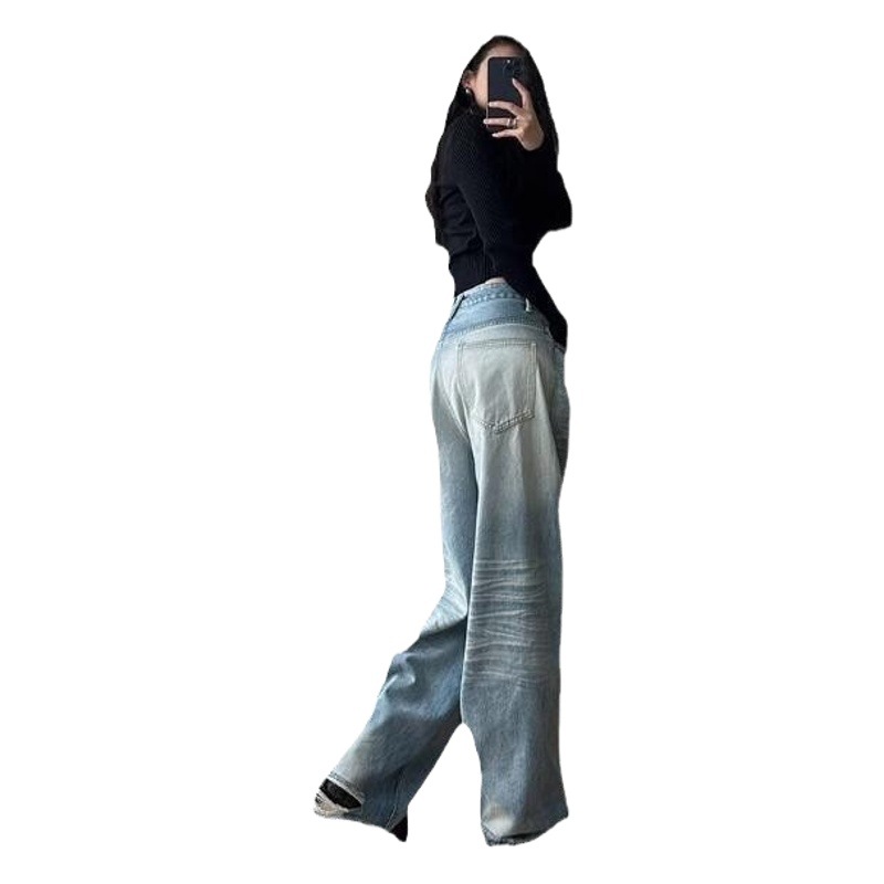202 new 4 high street light-colored wide-leg jeans women's retro white high waist all-match straight slimming mop pants