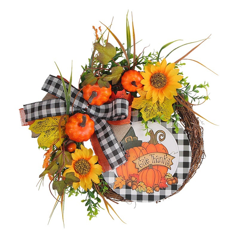 Amazon Hong Kong Love New Wooden Decorations Thanksgiving Sunflower Autumn Pumpkin Wreath Simulation Plant Door Hanging