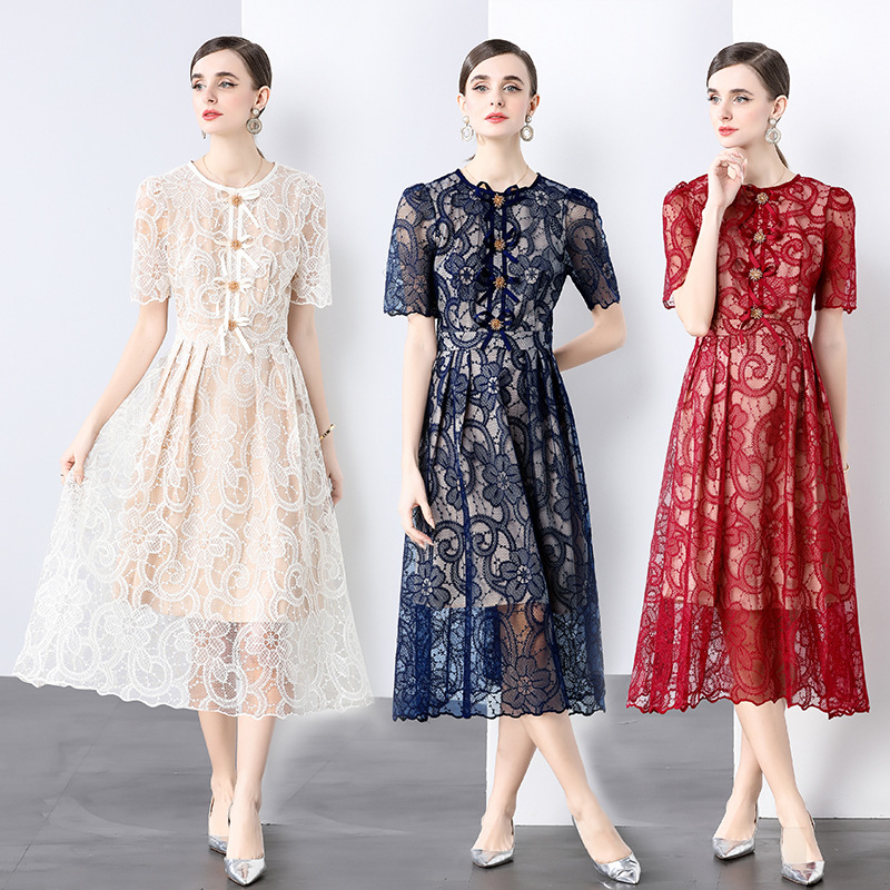 New High-end Fine dress Women's Embroidered Flower Crew Neck Bubble Sleeve Lace Slim-fit Large Skirt