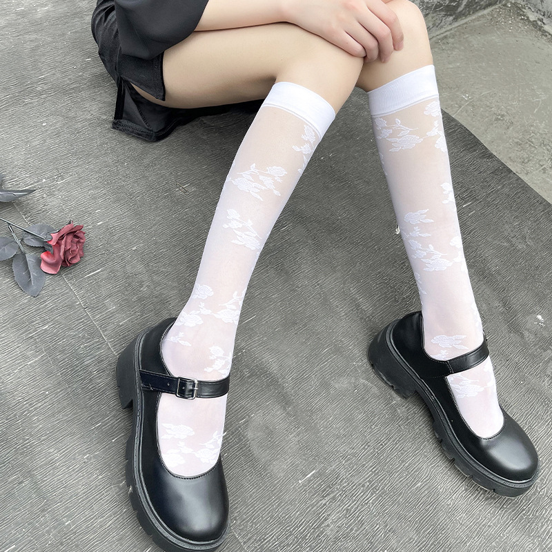 Picture of Silk stockings summer socks knee socks small polka dot half white half jk tide socks ins ladies black ultra-thin