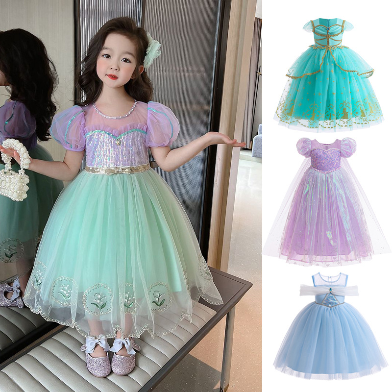 Girls Dress 2025 Summer New Children's Mesh Princess Dress Kindergarten Baby Short Sleeve Sweet Western Style Dress