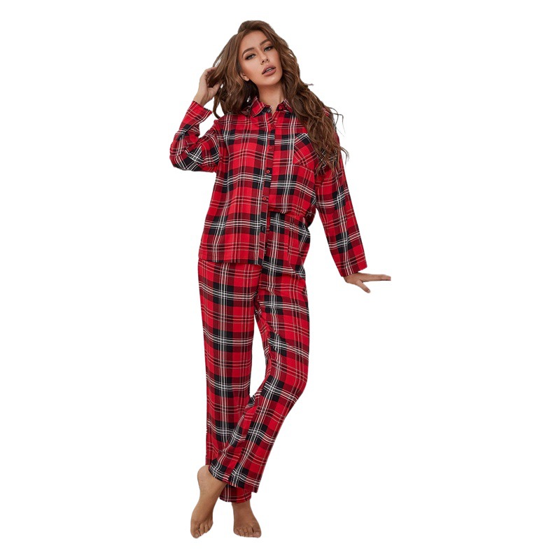 Foreign Trade European and American Pajamas for Women Red Plaid Long-Sleeved Autumn and Winter Home Clothes Two-Piece Set Can Be Worn Outside Export Ebay