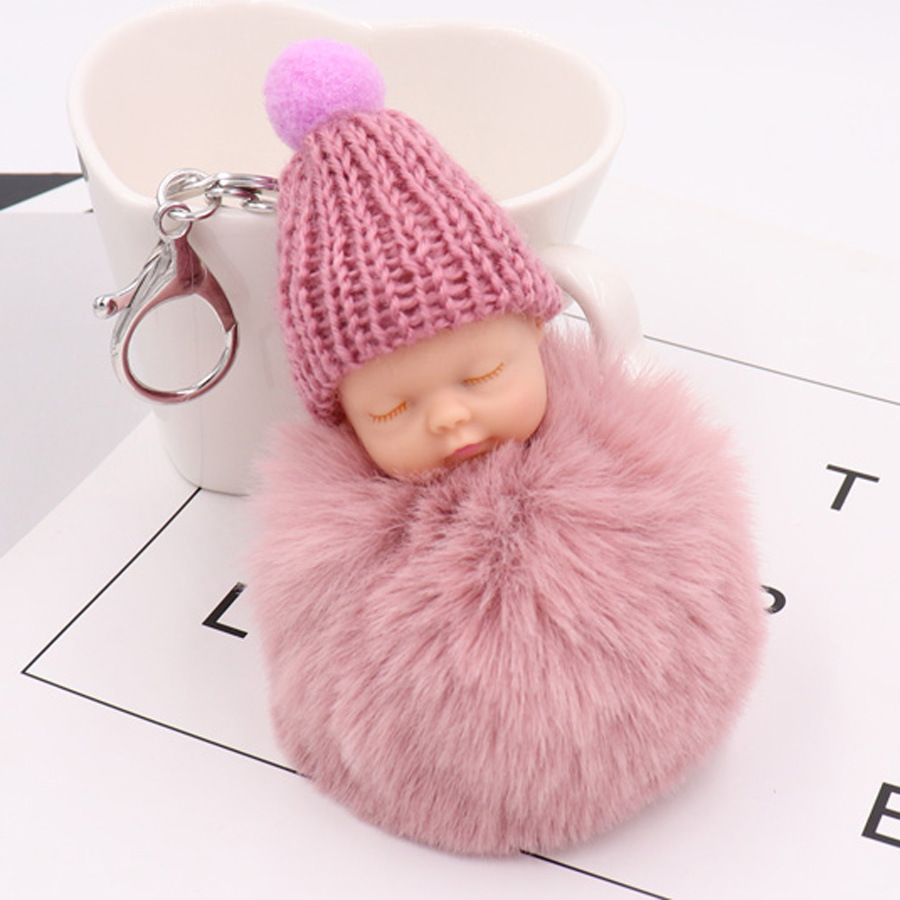 Cute sleeping doll fur ball keychain women's plush doll bag Car pendant gift wholesale