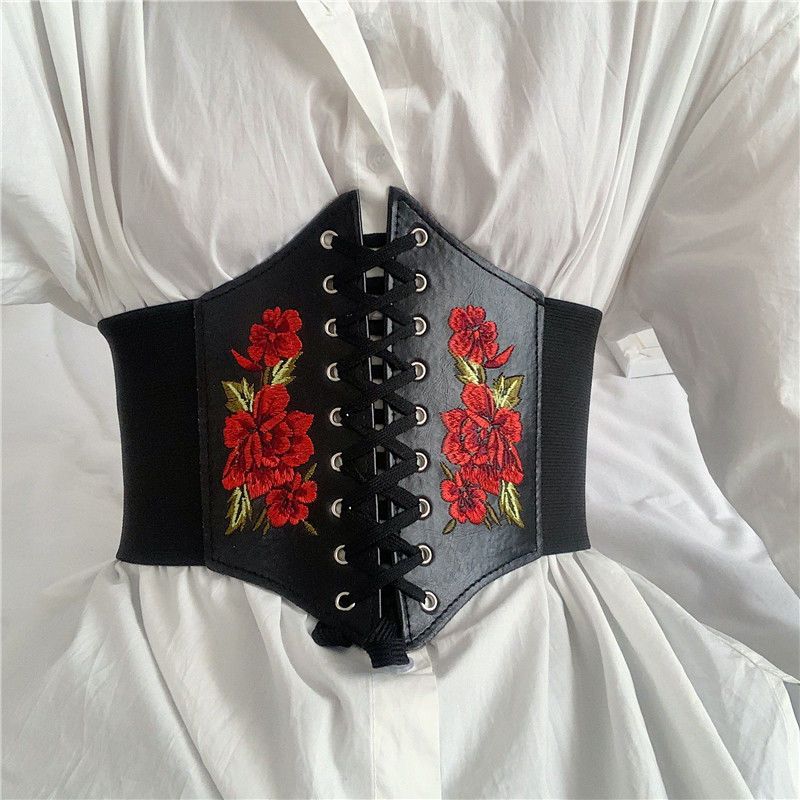 Rose Embroidered Belt French Wide Waistband Elastic Stretch Black Vintage Women's Decorative Accessory for Pairing with Skirts to Cinch the Waist