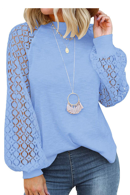 Picture of 2025 New Women's Clothing Amazon Cross-Border Round Neck Long Sleeve Lace Patchwork Loose Top for Women