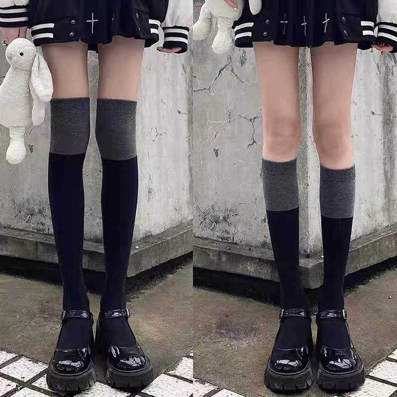 Color Matching Black and Grey Color Contrast Knee Socks Mid-length Socks Warm Japanese All-match JK Cotton Socks Half-leg Academic Style Autumn and Winter Women