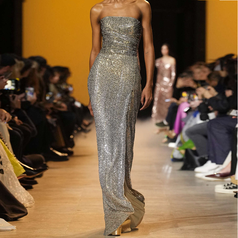 European and American Sexy Gradient Sequin Strapless Skirt Long New High-end Slim-fit Hems Split Dress dress Women