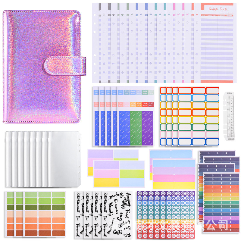 Cross-Border A6 Colorful Laser Macaron Set Customized Pu Notebook Cash Budget Loose-Leaf Financial Notebook