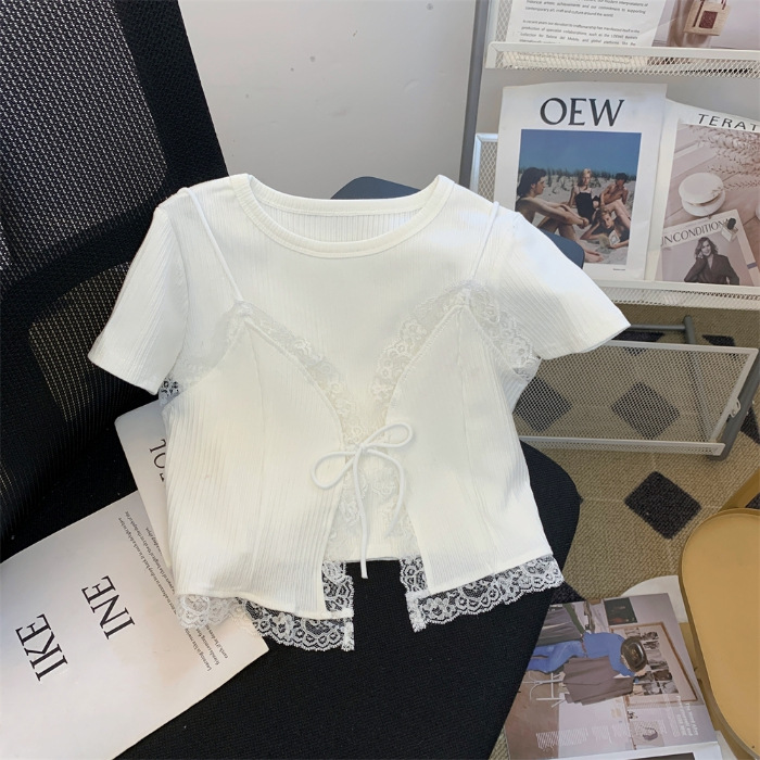 Picture of Pure Lace Stitching Lace Camisole Women's 2024 Summer New Shoulder Short-sleeved T-shirt Stacked Two-piece Set