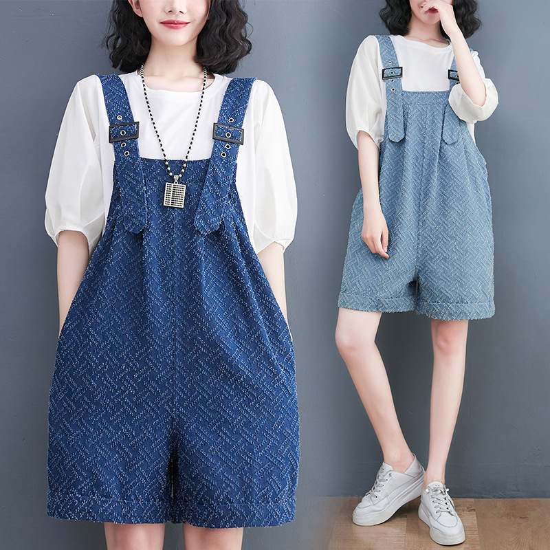 Real Shot of 2024 Summer New Style Literary Retro Belly-Covering Slimming Look Washed Denim Casual Five-Point Overalls
