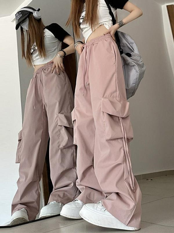 American Retro Quick-Drying Overalls for Women in Summer High-Waisted Straight Wide-Leg Ribbon Loose Casual Floor-Length Trousers Trend