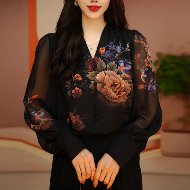 2025 Spring and Summer New Glazed Double Wrinkled Silk Easiest for Match Slim Loose Exquisite Western Style Printed Small Shirt for Women