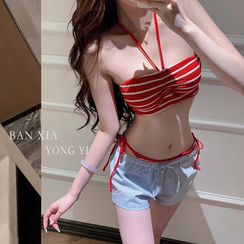 White Retro Red Stripe Sexy Spice Girl Split Three-Piece Bikini Small Chest Shorts Hot Spring Holiday Swimsuit Women