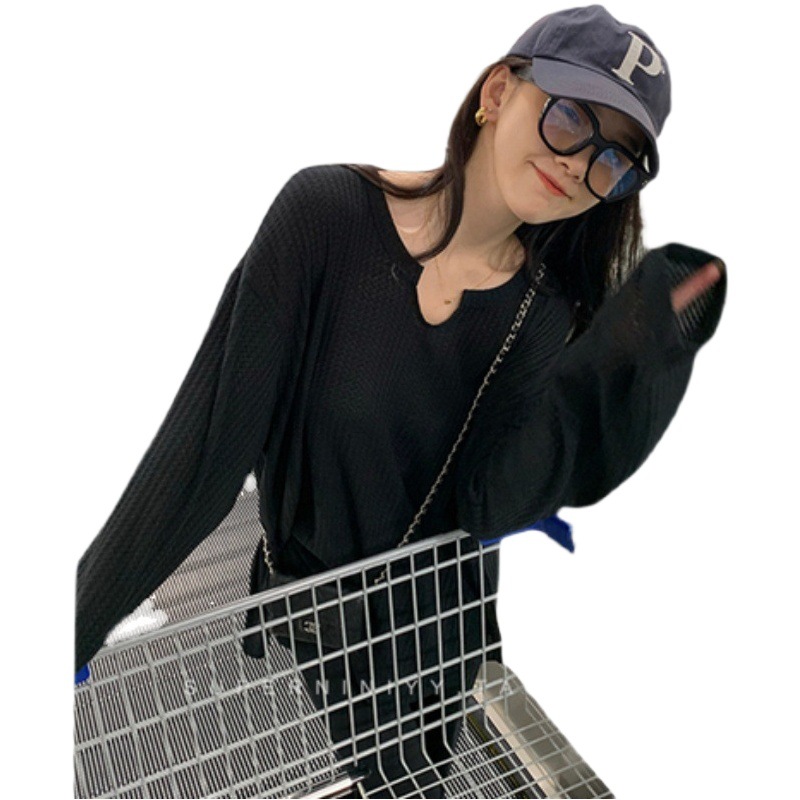 2023 New Autum Waffle Sweatshirt Women's Thin Korean Style Loose Student Long-Sleeved T-Shirt Women's Top Ins Trend