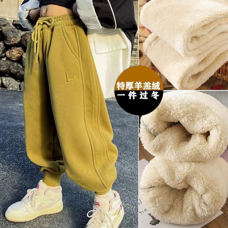 Boys and girls Korean casual pants 2024 autumn and winter new foreign style fleece-lined letter pants fashionable Joker leggings trendy