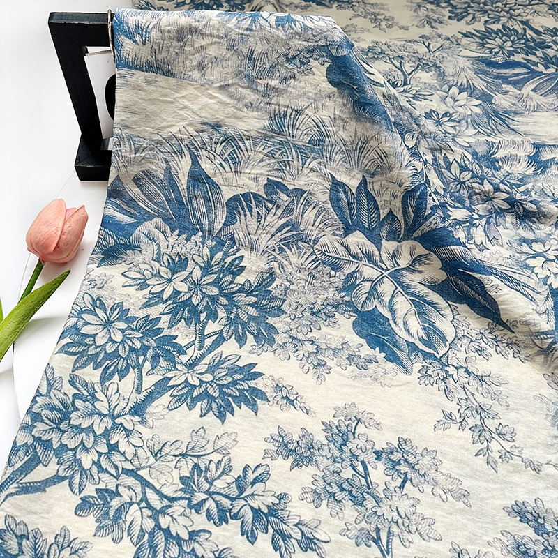 New Chinese Style National Style Blue Forest Digital Printed Fabric Brocade Cotton Fabric Cheongsam Dress Top Han Dynasty Fabric
