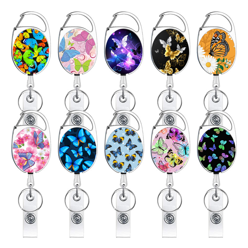Korean Flower Butterfly Retractable Easy Pull Buckle Easy Pull White UV Silver Zinc Alloy Colorful Butterfly ID Buckle