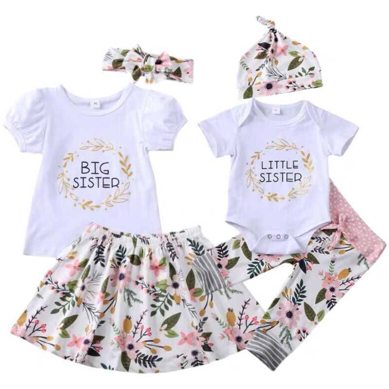 Summer baby girl baby Sister Sister T-shirt princess skirt hair band set Big Little Sister