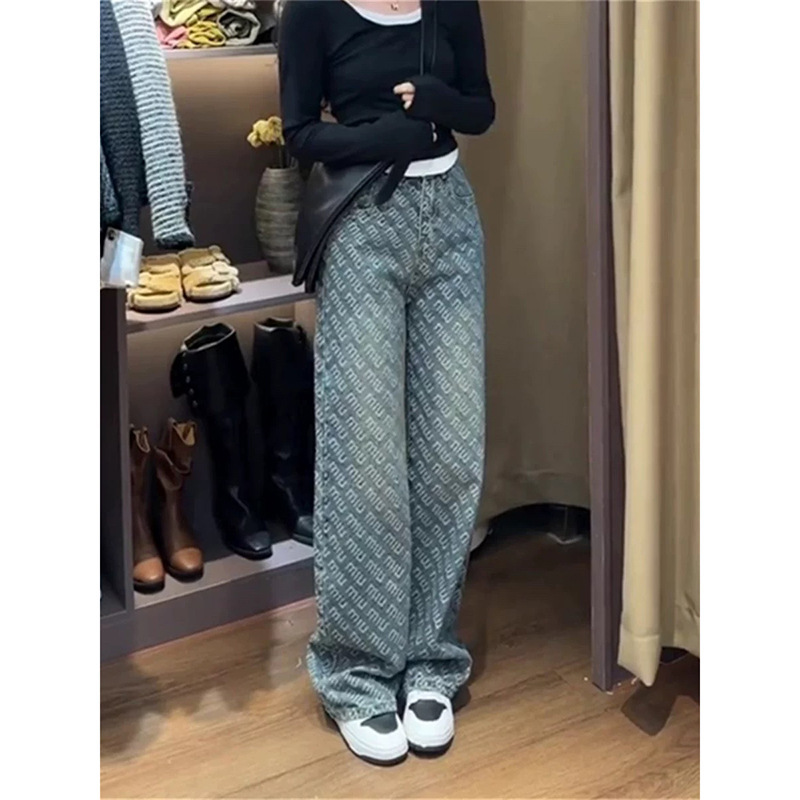Autumn Design Letter Print Jeans for Women 2024 Loose Slimming Look Harajuku High Waist Wide Floor-Length Straight Pants