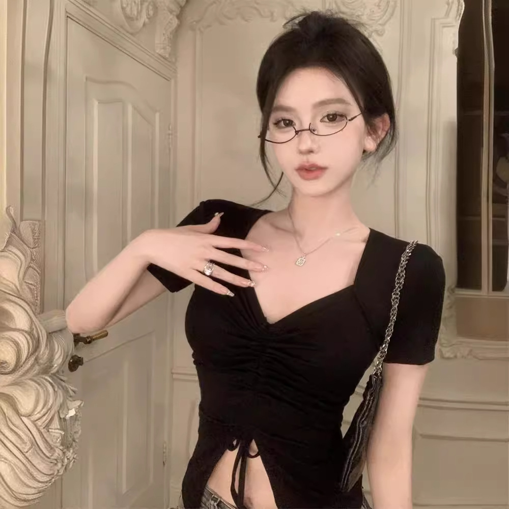 2025 Hottie Short-Sleeved T-Shirt for Women Summer New Pleated Drawstring Design with Exposed Navel