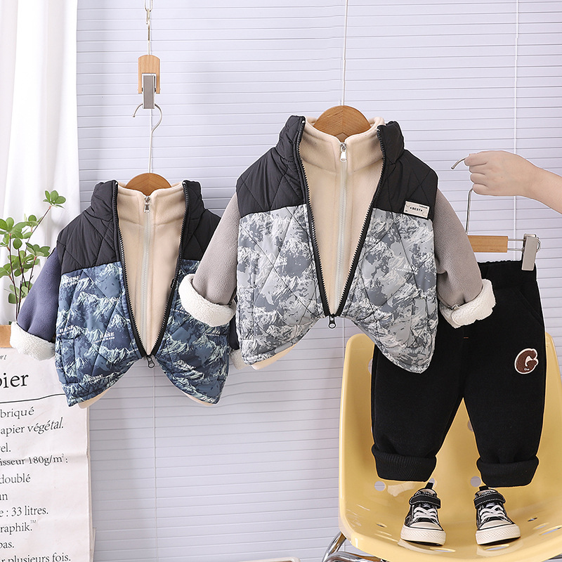 Boys' Baby Winter Thickened Fashionable 2024 Casual Simple Color-matching Baby Vest Clothing Three-piece Set