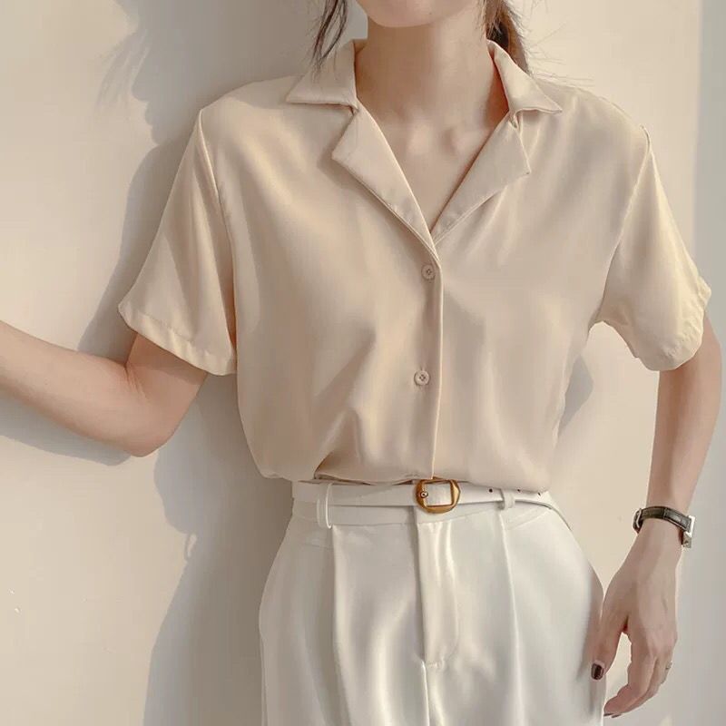 Picture of 2023 spring and summer new retro Hong Kong style Korean style professional suit collar long sleeve lapel short sleeve shirt Women's solid color top