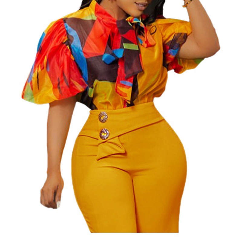 D341 European and American new summer printed stand collar long-sleeved shirt top wide-leg pants fashion suit cross-border two-piece suit