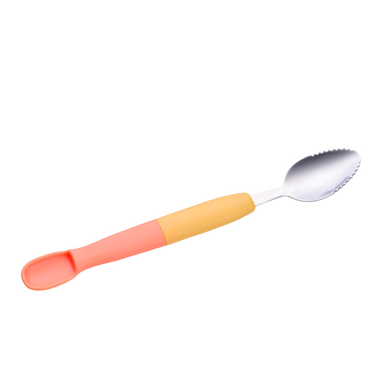 Picture of Factory direct children's fruit scraping spoon double stainless steel scraping spoon silicone spoon baby fruit scraping spoon