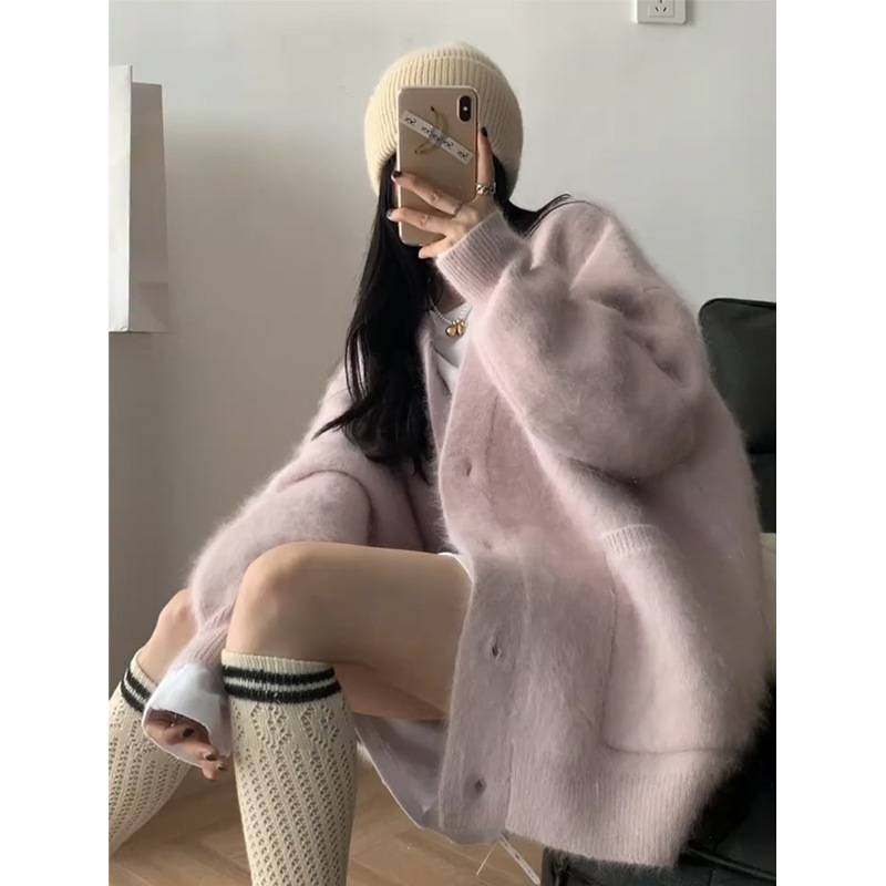 Gentle Style American Style Fried Street Loose Mohair Sweater Coat Autumn and Winter Clothing Design Sense Cold Style Knitted Cardigan for Women