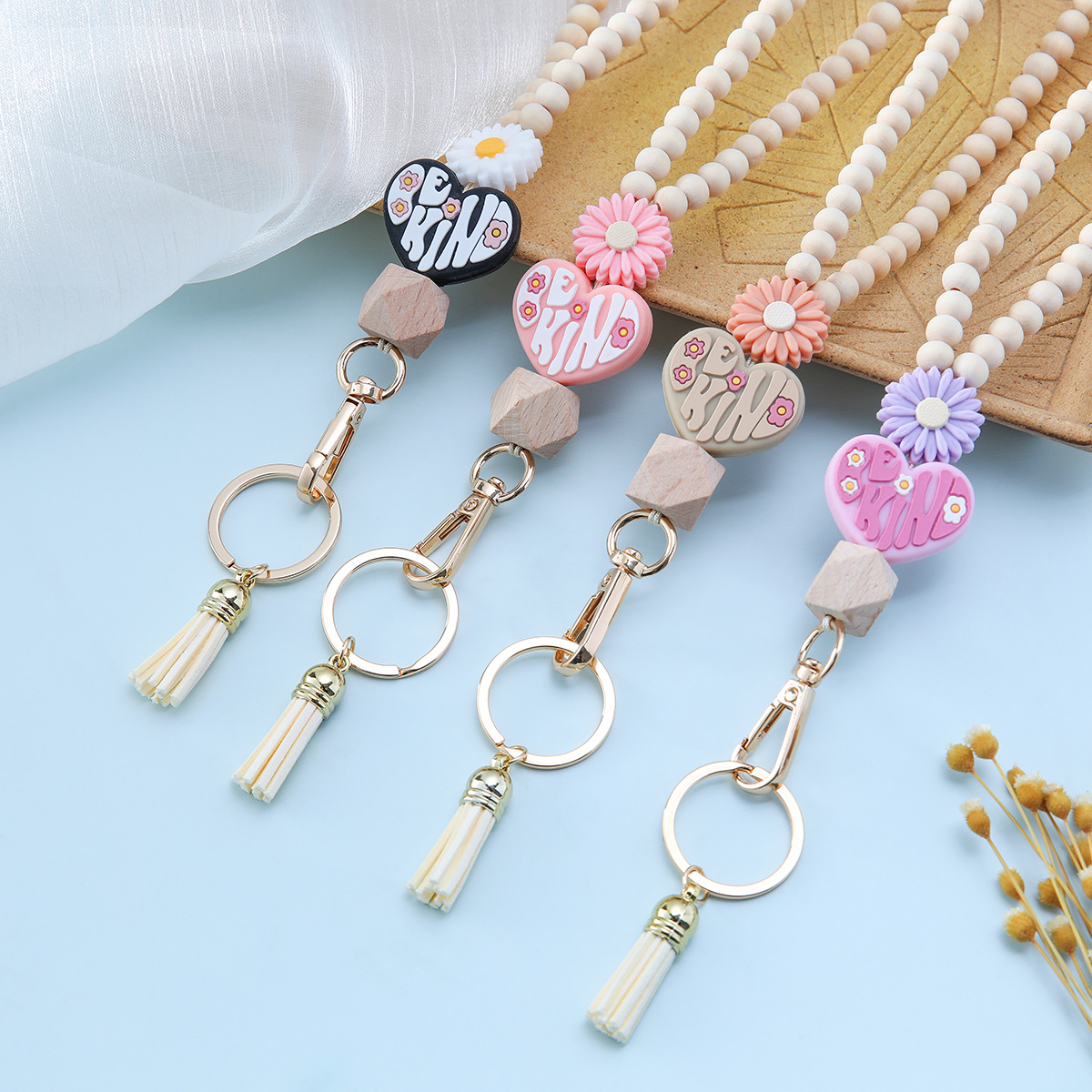 New silicone beads flower love with wooden beads beaded keychain lanyard necklace cute fashion key ring lanyard
