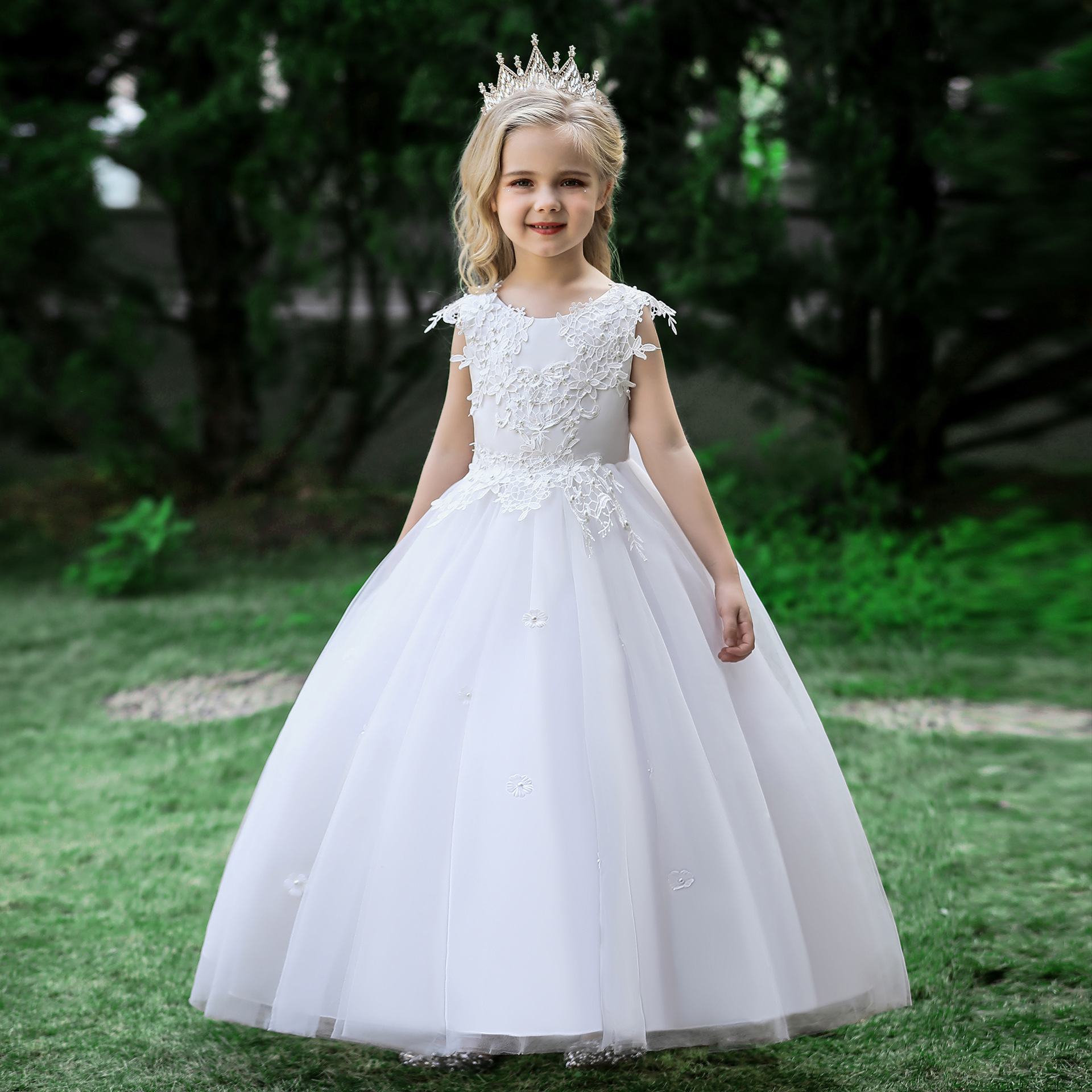 Princess dress girls' spring and summer wedding dress children's white flower girl host birthday piano costume New