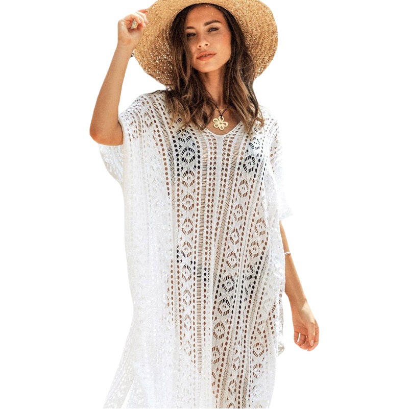 Amazon's New Beach Cover-Up Side Slit Sexy Bikini Sunscreen Woven Transparent Hollow Beach Skirt Elegant