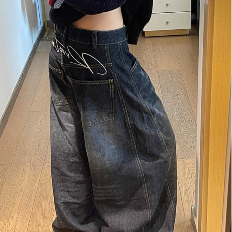 American Retro Blue Wide-Leg Washed Jeans 2025 New Women's Loose Slimming Look High-Waisted Straight Floor-Length Pants