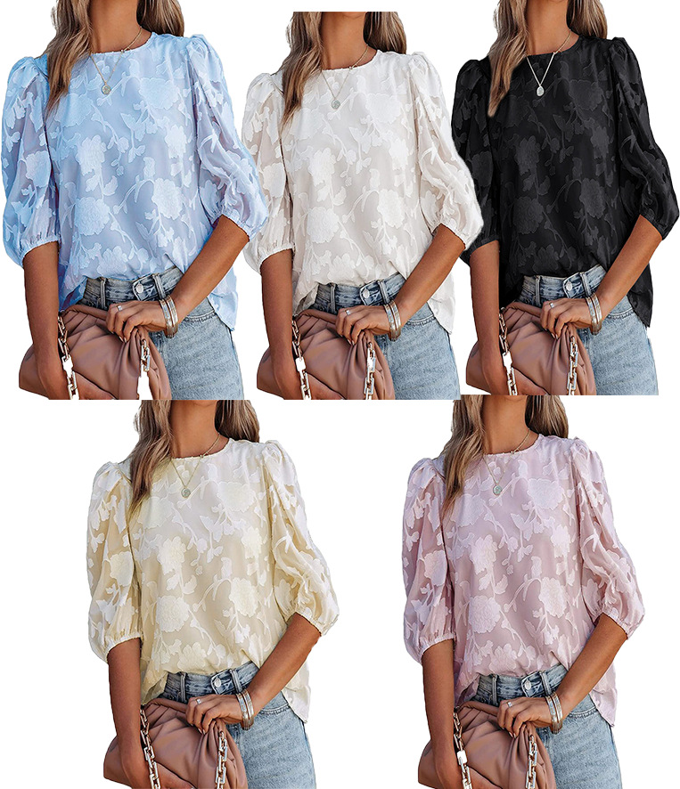 337-2022 European and American Cross-border Explosions Chiffon Set Lined Flower Bubble Short Sleeve Fashion Crewneck Loose Jacket