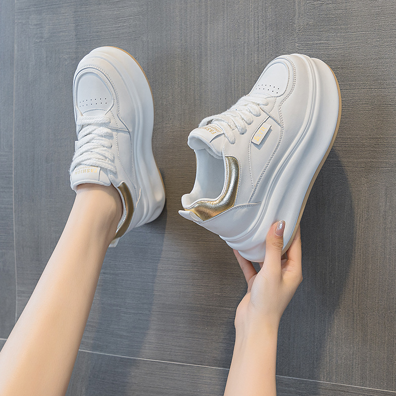 Picture of White Shoes 2025 Spring New Leather Inner Heightening Casual Thick-Soled Student Shoes Wedge Heel Comfortable and Fashionable Women's Shoes