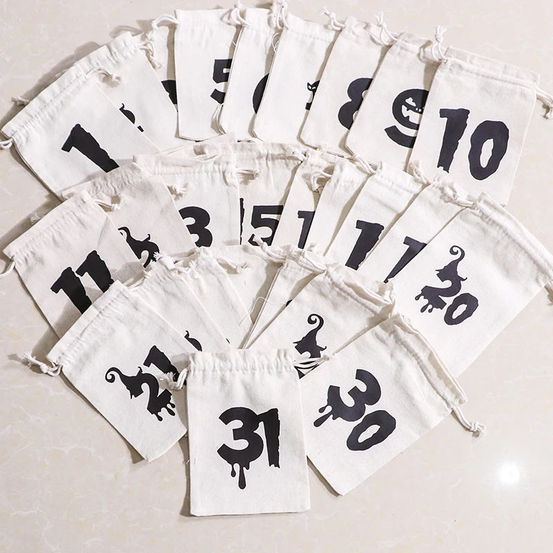 Cross-border Amazon AliExpress Halloween Countdown White Cotton Cloth Bundle Pocket Holiday Party Kids Candy Bag